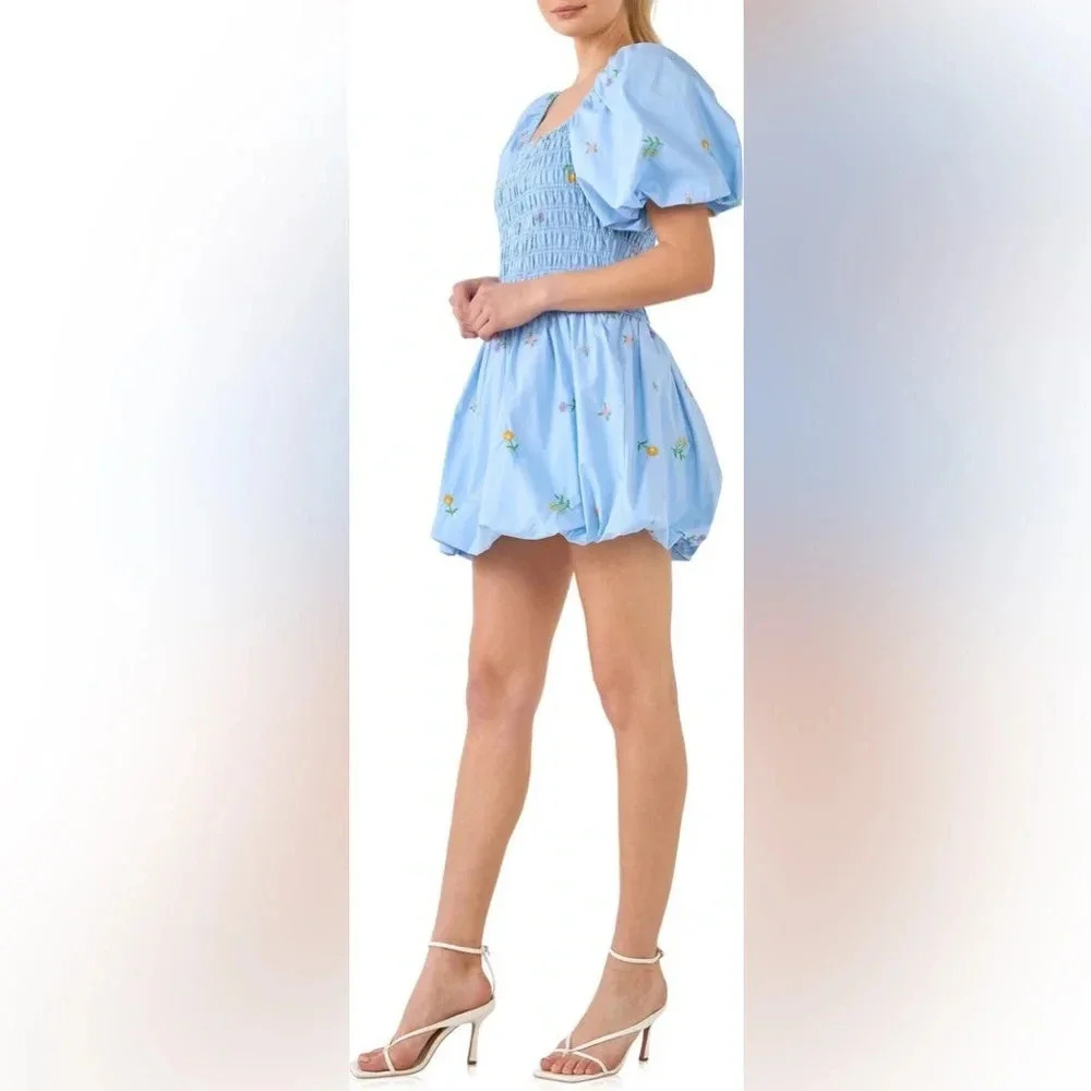 English Factory Floral Embroidery Cotton Puff Sleeve Mini Dress - Picture 2 of 9